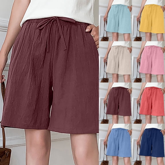 HAPIMO Cotton Linen Shorts with Pocket for Women Summer High Elastic Waist Relaxed Trousers Drawstring Casual Comfy Fashion Solid Coffee L