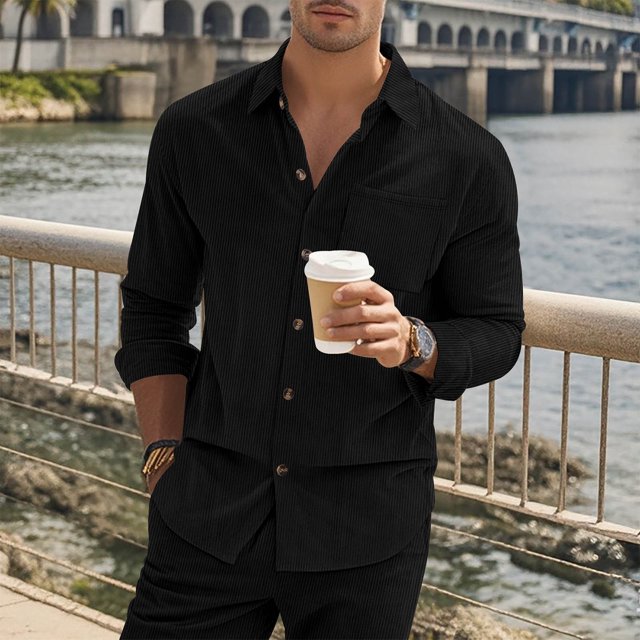 Blusa y camisa de manga larga con cuello vuelto para hombre, estilo informal, color liso, con solapa, bolsillo y botones, de poliéster.