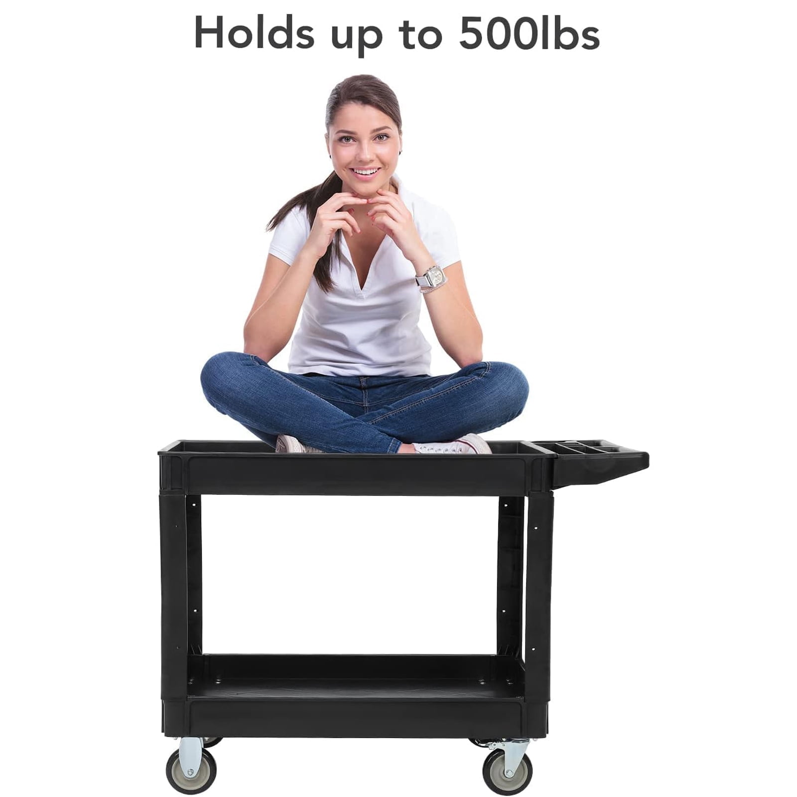 M optimized Utility Cart 2-Shelf Service Cart with Storage Handle, 500lbs Capacity, for Warehouse Garage Cleaning Manufacturing