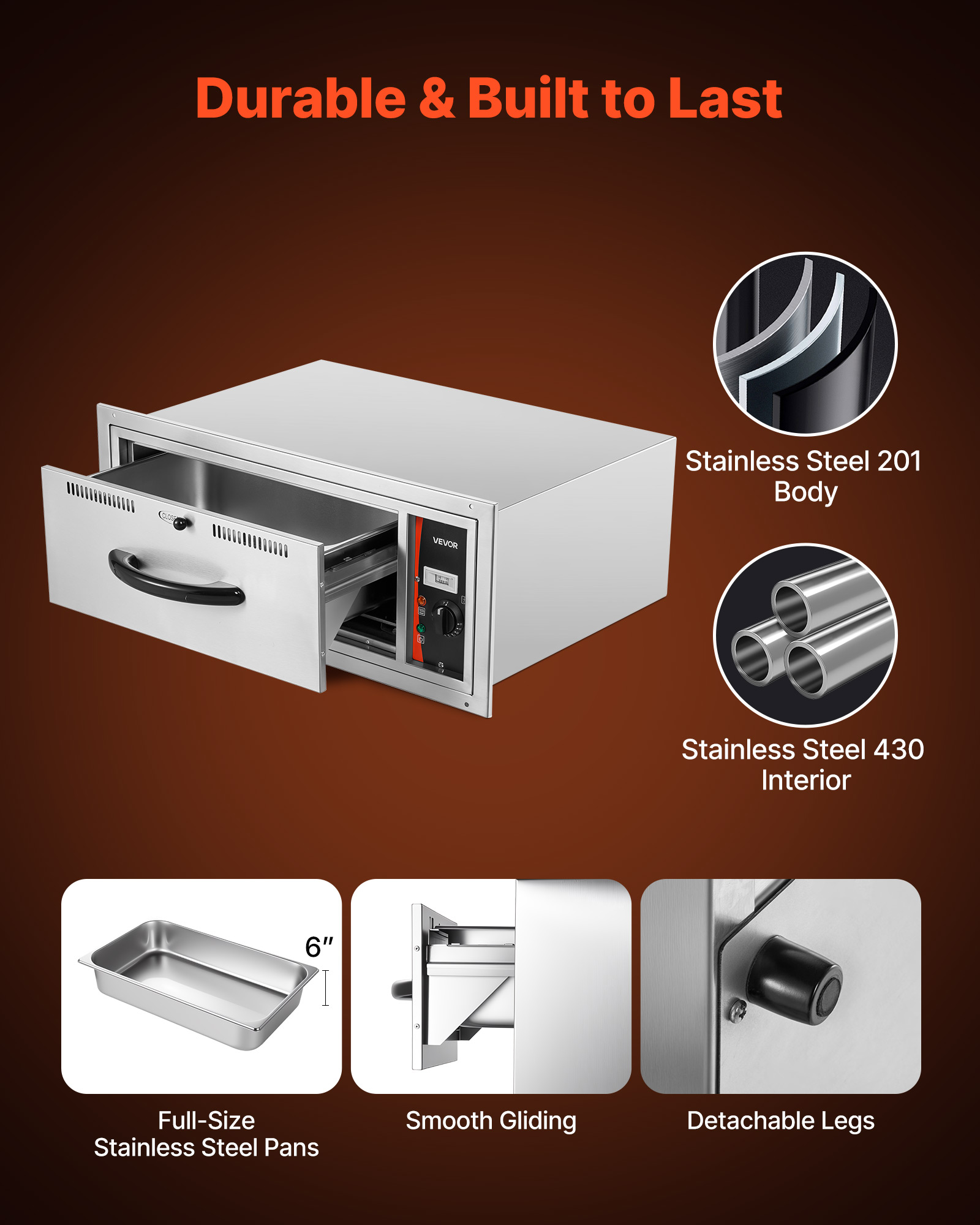 VEVOR Commercial Electric Drawer Warmer, Single-Drawer Stainless Steel Food Warmer, Built-in Installation Warming Drawer Cabinet, 85°F–185°F Wide Temperature Range, for Restaurant, Hotel & Bakery