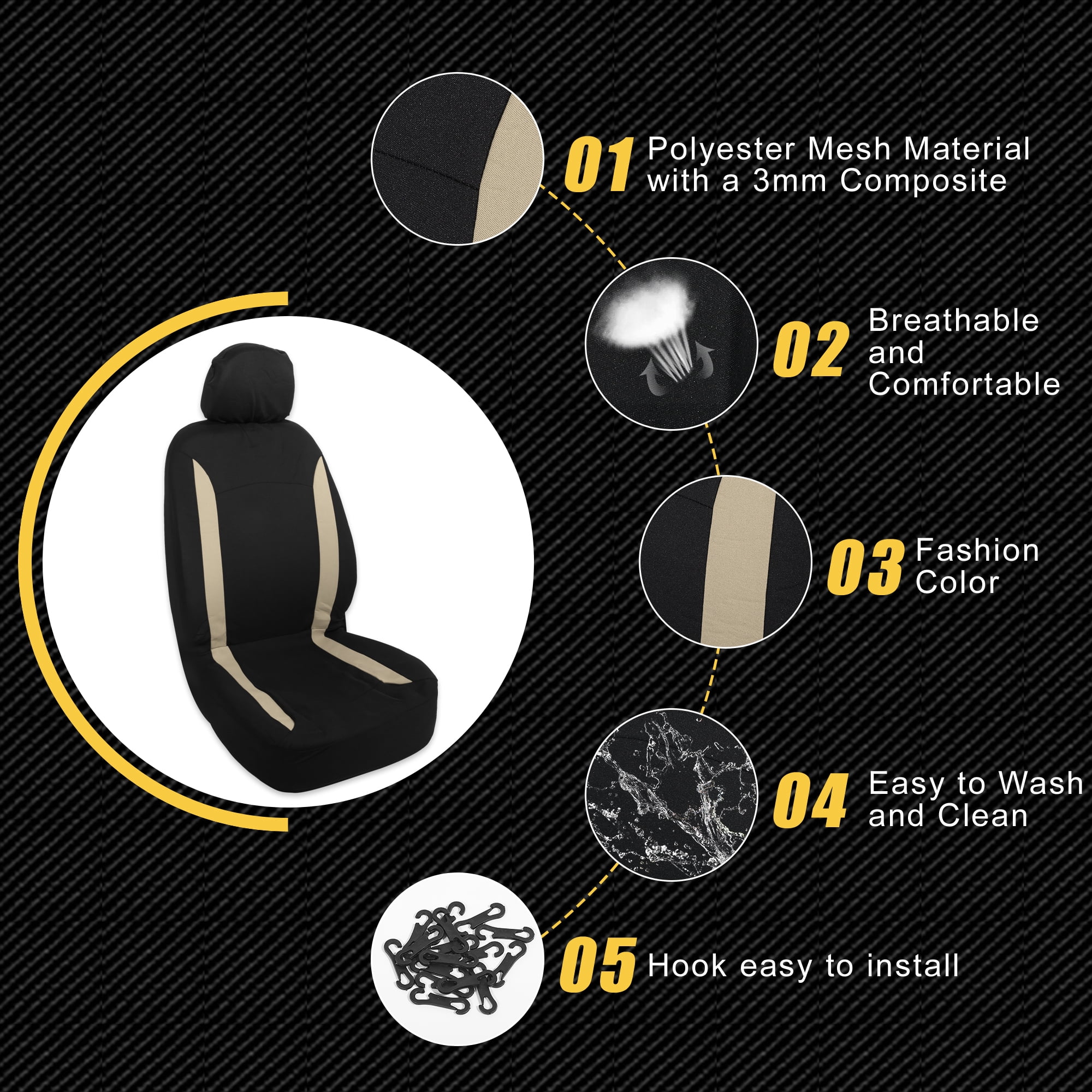 Unique Bargains 4pcs Universal Car Seat Covers Washable Head Rest Seat Covers Beige Black