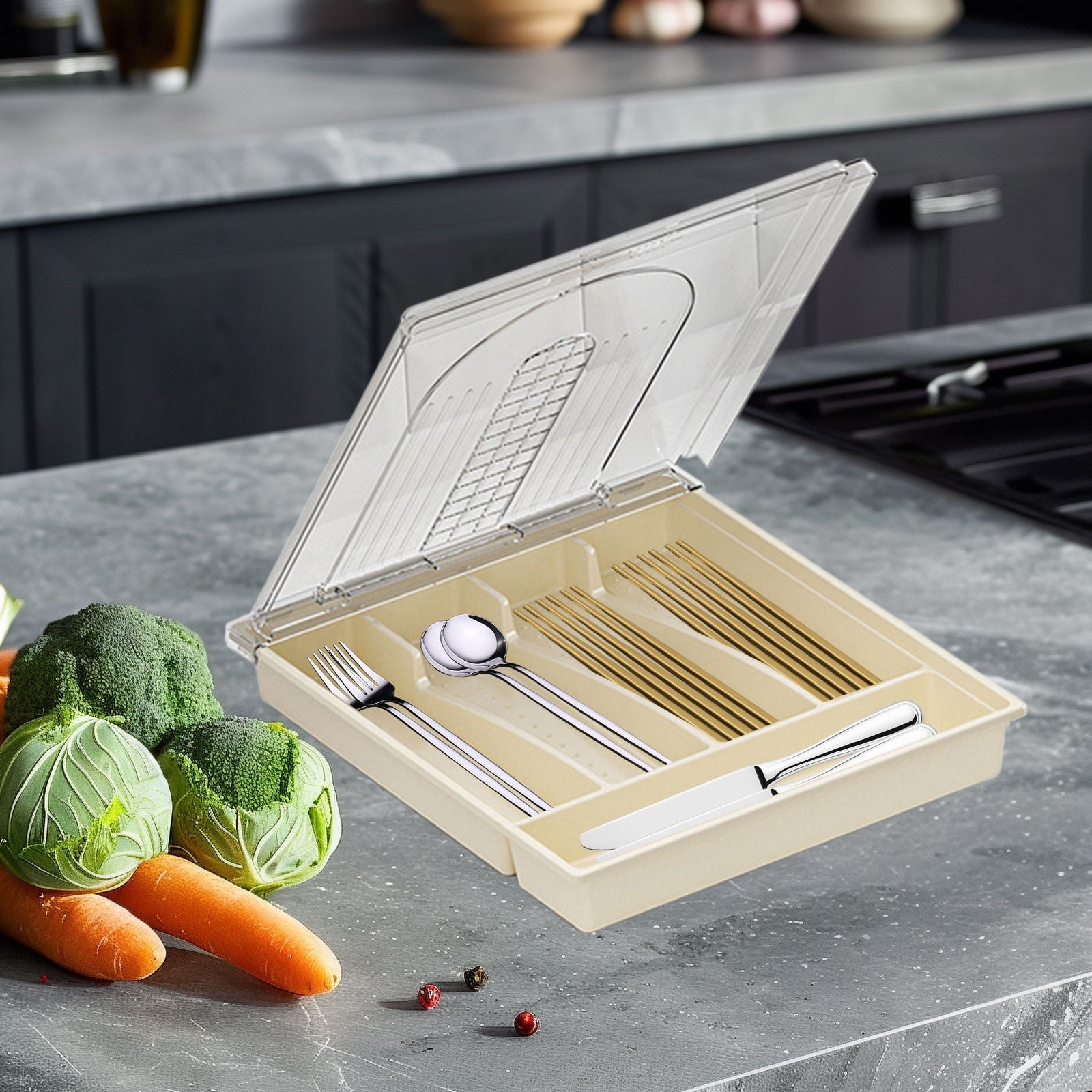 Specollect Clearance 2Pcs Organizer with Lid, Covered Utensil Tray for Kitchen Drawer and Countertop, Plastic Cutlery and Flatware Storage Box for Spoons Forks Knives Holder Case, 5 Compartments