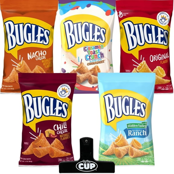 Bugles Crispy Corn Snacks 5 Flavor Variety, 3 oz Bags, 1 of Each: Nacho, Cinnamon Toast, Original, Chili Cheese, Ranch with By the Cup Bag Clip
