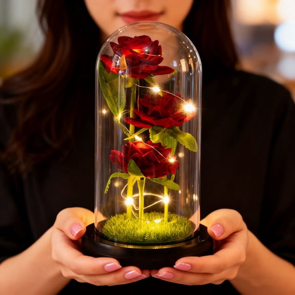 weibbin Three Artificial Roses in Glass Dome with LED Lights, Preserved Flowers Bouquet for Valentine's Day & Gift Idea