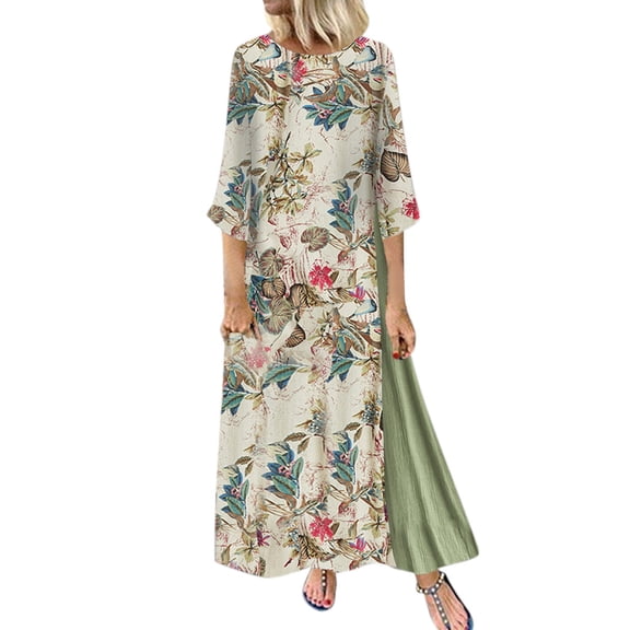 SONXAHE Floral Print Maxi Dress For Women Short Sleeve Surplice V Neck Side Slit Vacation Long Dress