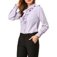 thumbnail image 4 of Allegra K Women's Ruffle Neck Tie Neck Ruffle Cuff Button Front Solid Work Shirt, 4 of 6