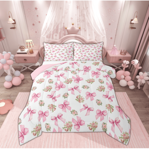 Manfei Princess Pink Bowknot Bedding Comforter Set for Kids, Romantic Rustic Flower Twin Comforter Sets, Valentines Day Reversible Bedding Set, Lightweight Room Decor, 2pcs