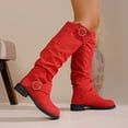 thumbnail image 3 of Suede Knee High Boots Women Slouchy Round Toe Chunky Heel Tall Riding Booties Fashion Buckle Strap Casual Winter Over the Knee Boots Red 8, 3 of 5