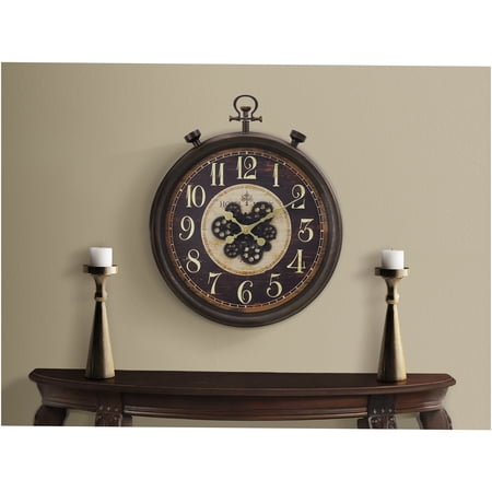 JERFIT 24 Inch Vintage Industrial Wall Clock with Moving Gears, Non-Ticking Quartz Movement, Brown Retro Round Analog Clock for Home Decor