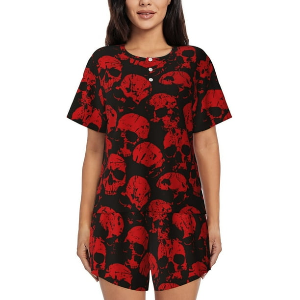 Balery Red Skulls Conjunto de Pijama para Mujer con Estampado, Dos Piezas de Manga Corta y Shorts, Ropa de Dormir Suave con Cuello Redondo y Bolsillos-4X-Large