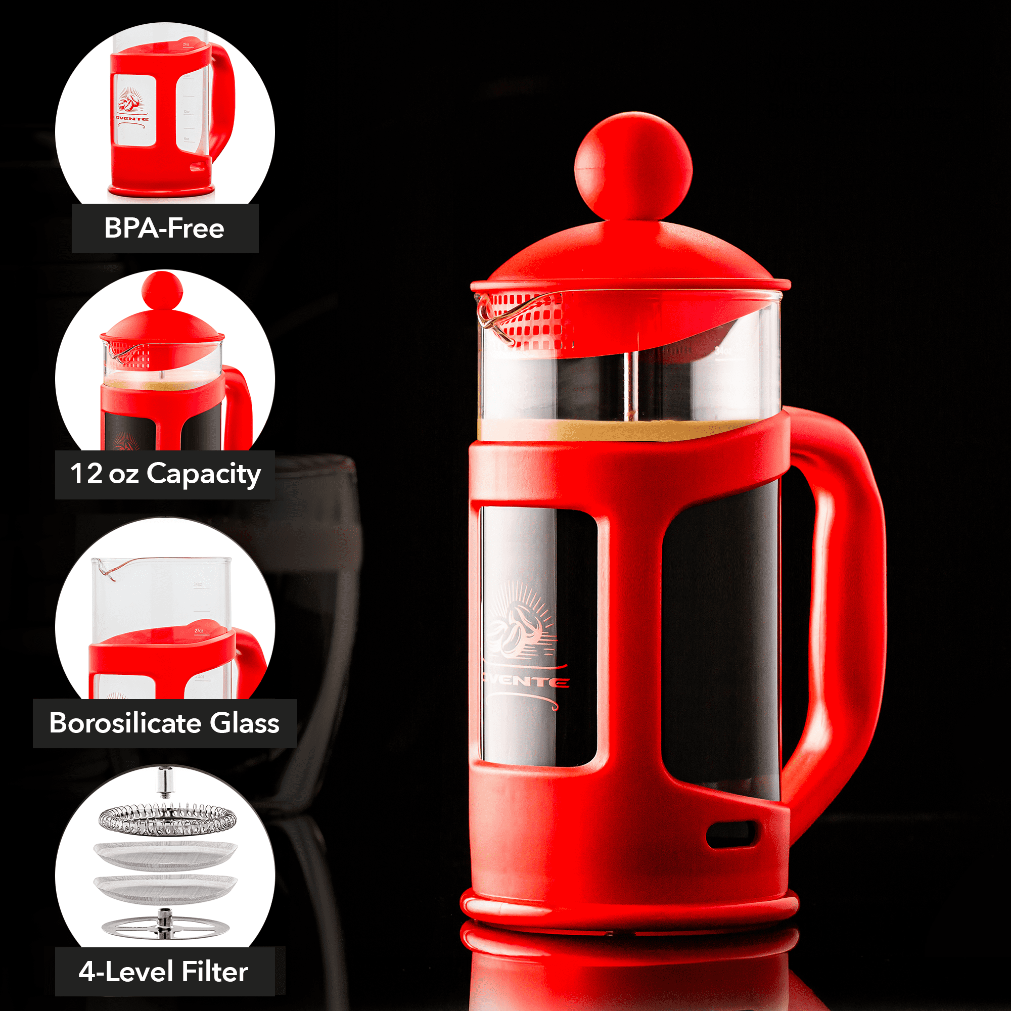 OVENTE 12 oz French Press Coffee Maker, 4-Level Stainless Steel Filter, Borosilicate Glass, Dishwasher Safe, Hot & Cold Brew, Portable for Travel & Camping, Red, FPT12R