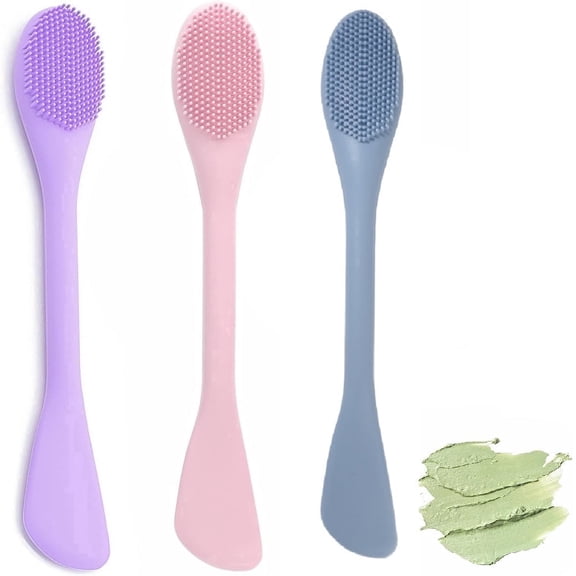 Pinkiou Facial Cleansing Brush, 2-in-1 Silicone Face Mask Applicator & Scrubber, Exfoliating & Massaging Tool for Mud, Clay, Cosmetic spatulas, DIY Mask - Pink Purple Blue (3-Pack)