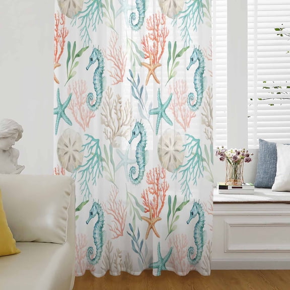 Teal Red Seahorse Coastal Sheer Curtains 63 Inches Long for Living Room/Bedroom, Nautical Beach Coral Starfish Rod Pocket Voile Kitchen Curtains & Drapes Window Treatment 1 Panel, 52"W x 63"L