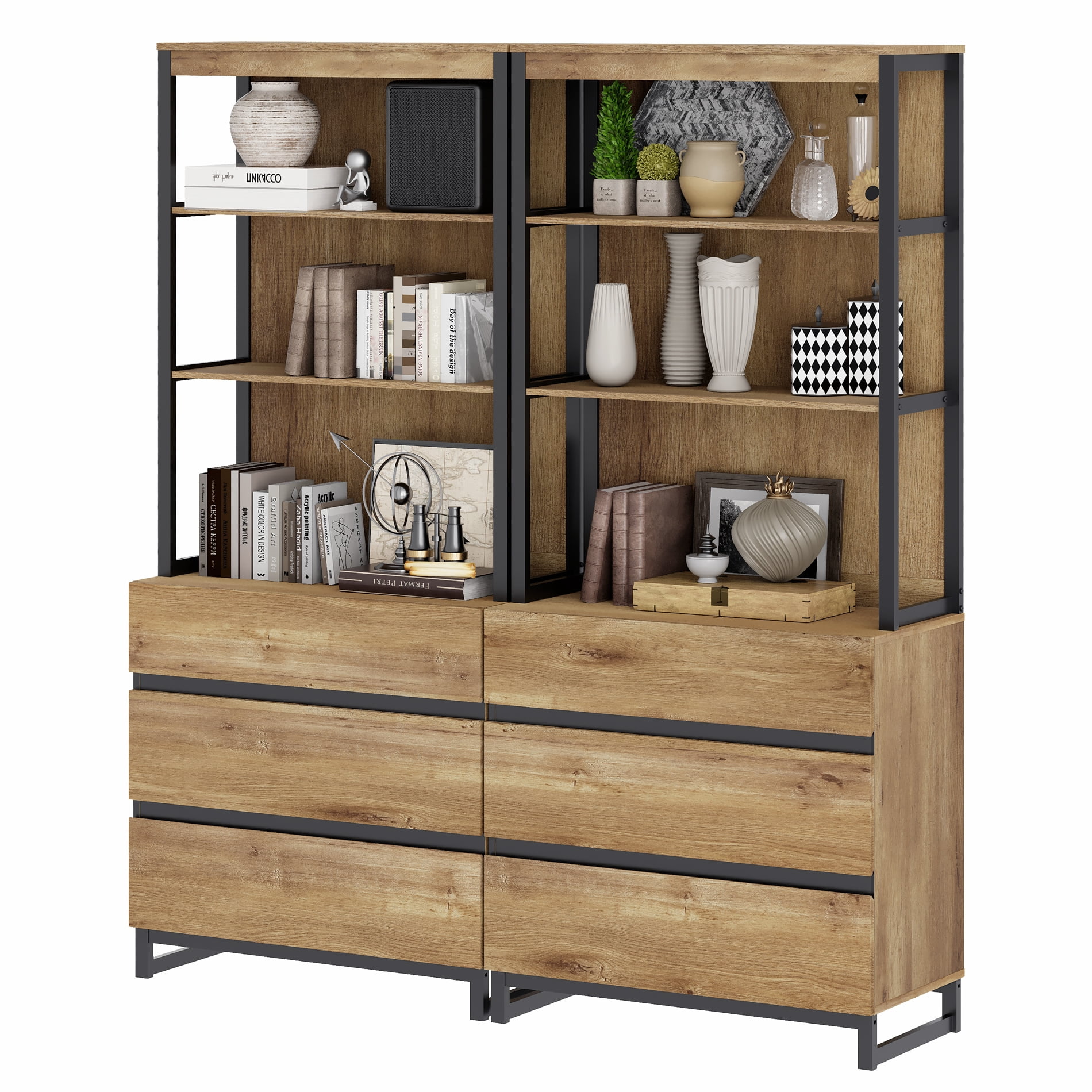 WAMPAT 2 PCS Modern 72" Tall Bookcase with 6 Drawers and Open Book Shelfs, Library Book Shelf with Storage Cabinet and Metal Base, Wood Freestanding Bookshelves for Home Office, Living Room, Oak