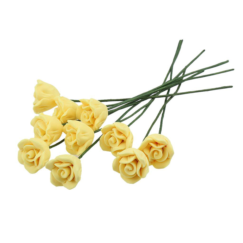 Yellow Roses Dollhouse Miniature Flower Handmade Clay Plant Garden Accessory 