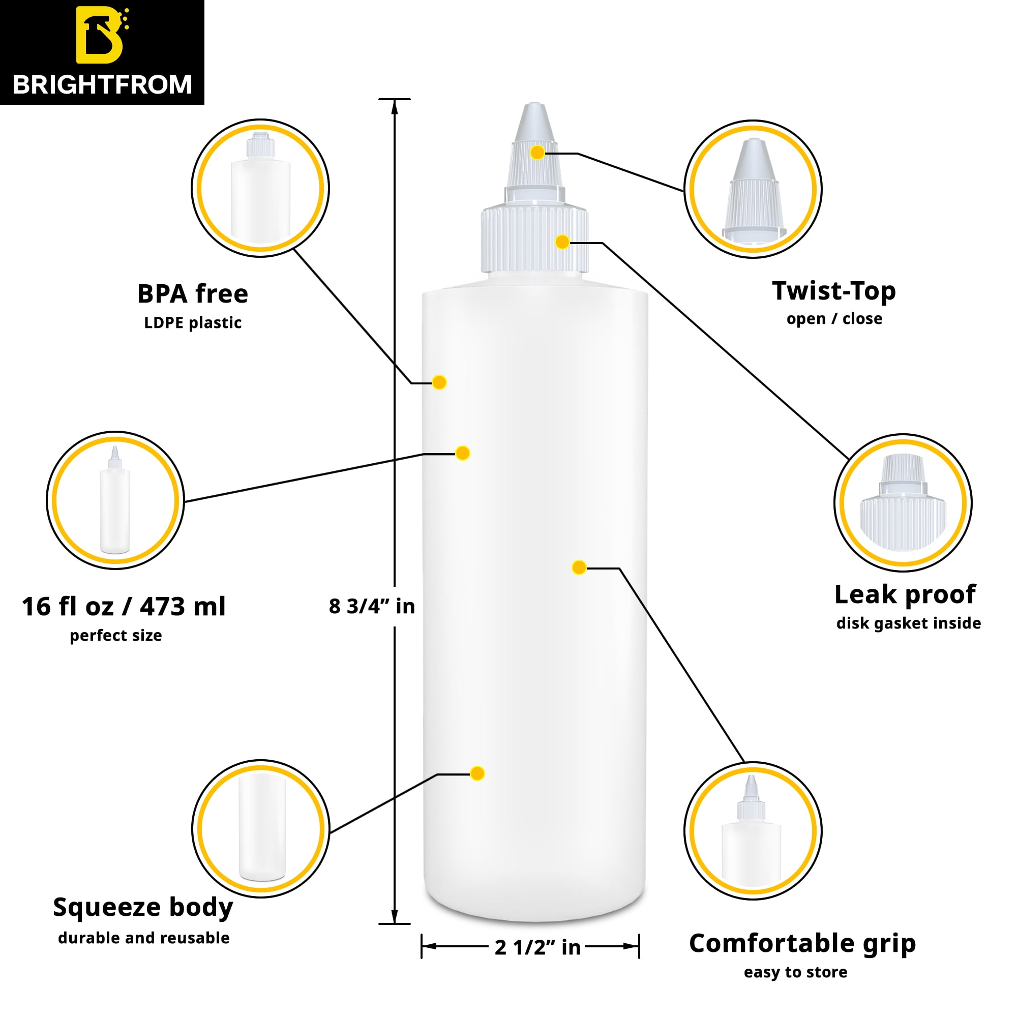 BRIGHTFROM Condiment Squeeze Bottles, 16 OZ Empty Squirt Bottle with Twist Top Cap, Leak Proof - Great for Ketchup, Mustard, Syrup, Sauces, Dressing, Oil, Arts and Crafts, BPA FREE Plastic - 2 PACK
