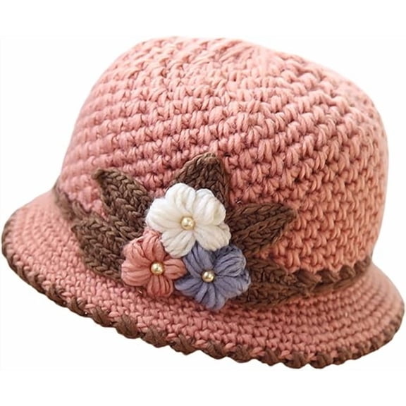 Womens Winter Floral Crochet Hat - Thick Warm French Style Beanie for Cold Weather(LR Pink 1 PCS)