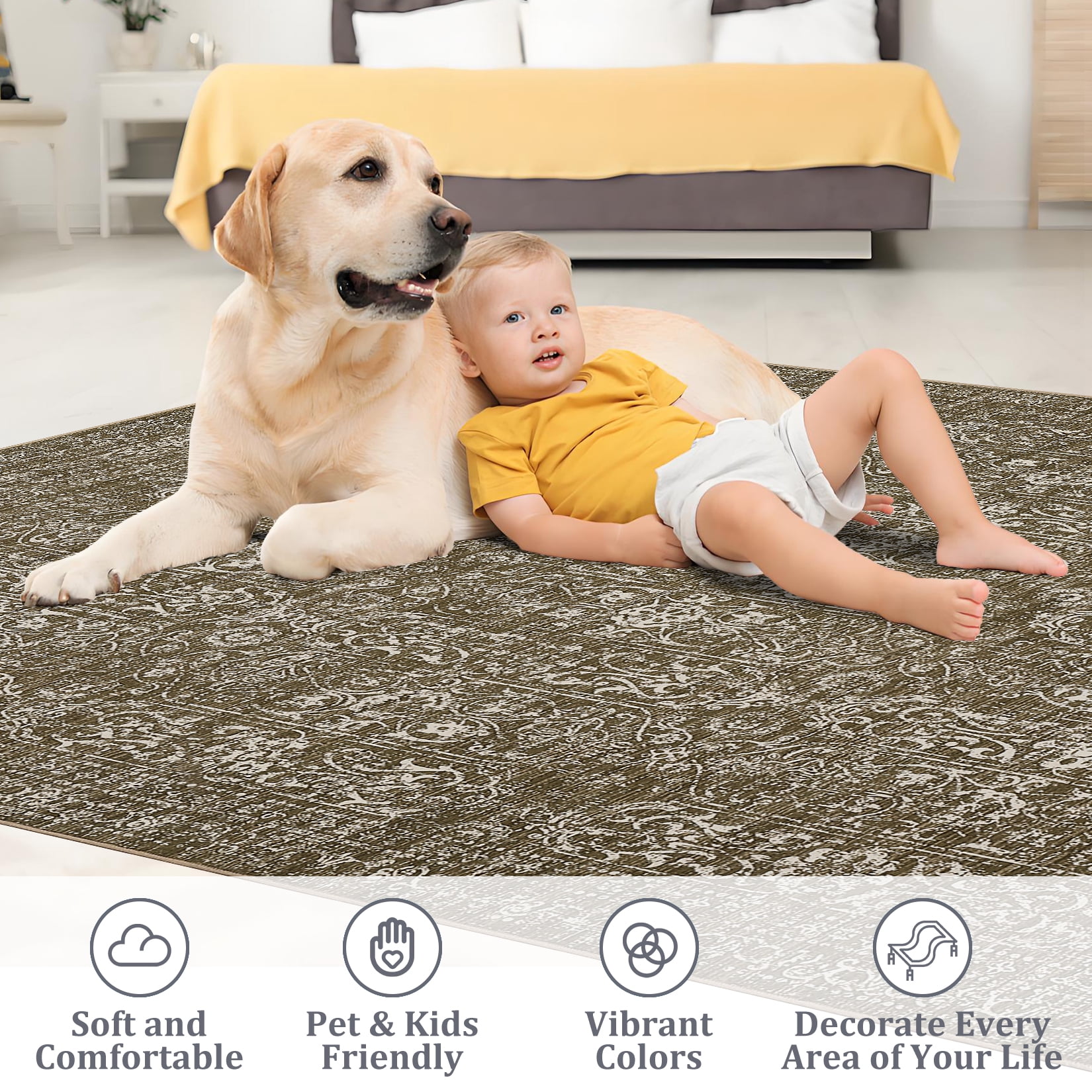 GlowSol 5'x7' Area Rug Soft Washable Oriental Distressed Rug Non-Slip Low Pile Indoor Carpet for Dining Room Home Office, Brown