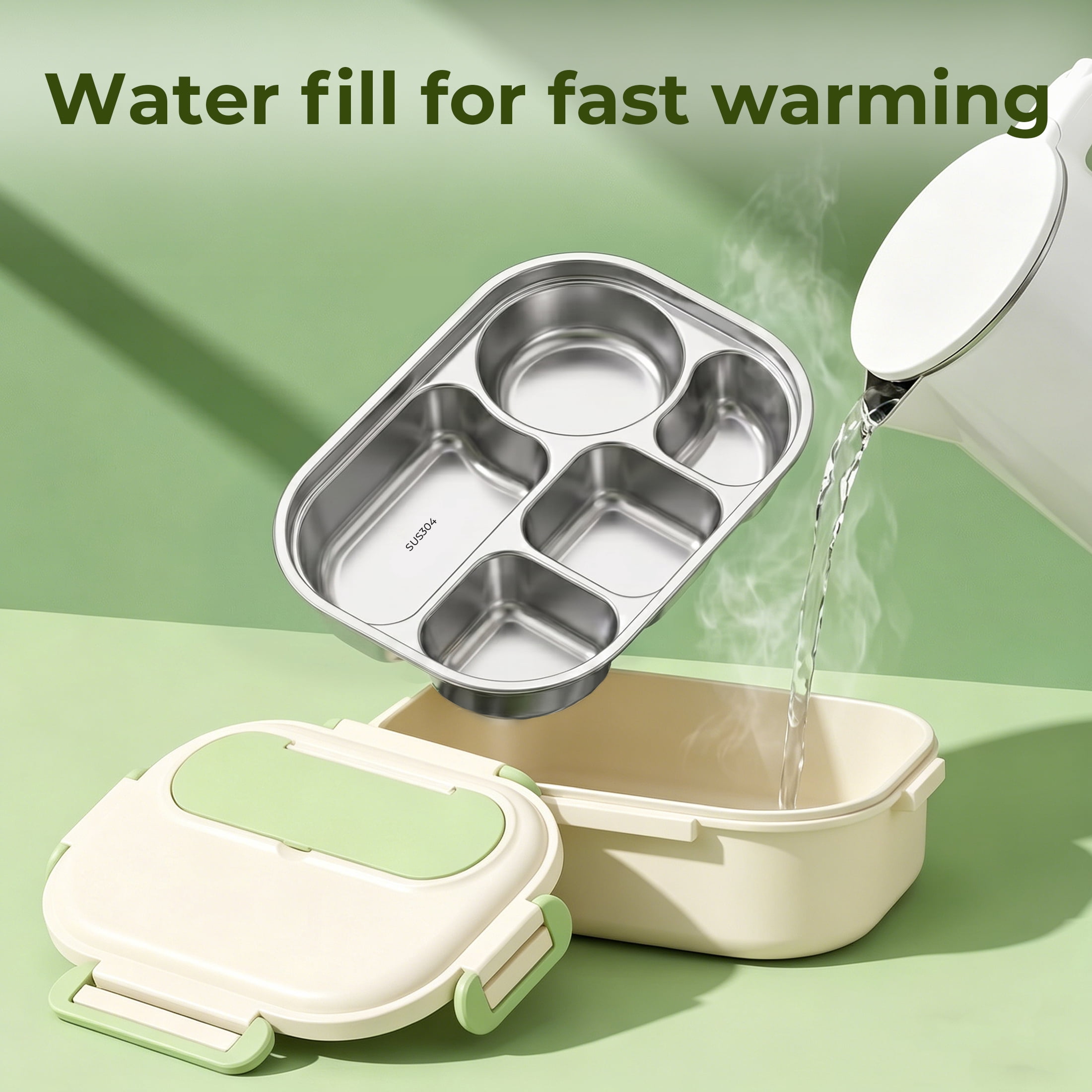 M Buder Bento Box for Kids, Leak-Proof 304 Stainless Steel Child Lunch Box with 5 Compartments , Double Insulated Food Jar, Fork, Spoon, Green