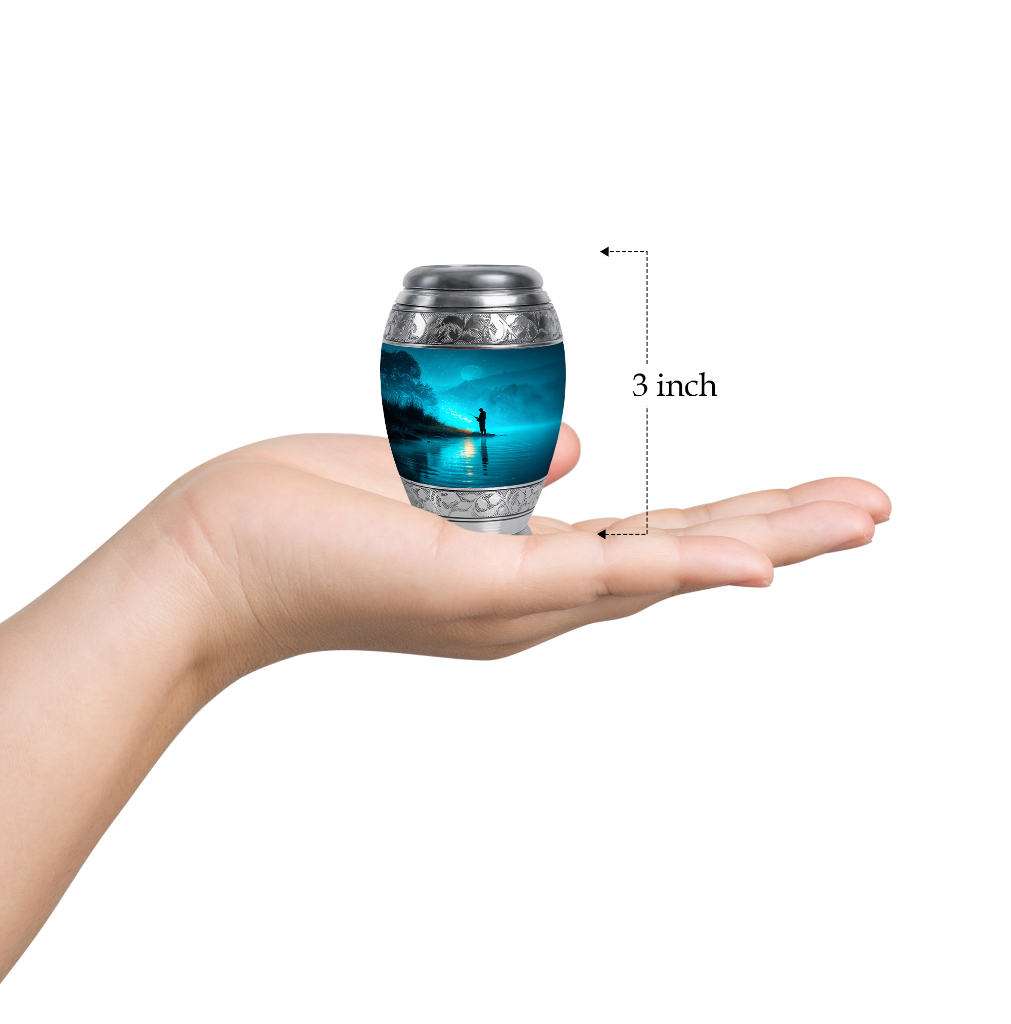 MUKTIVE Fishing Silhouette Keepsake Cremation Urns for Adult Ashes Men - Blue, Evening Small Decorative Burial Urn for Human Ashes for Men - Ash Holders - Remembrance Gifts for Loss (3 Inch)