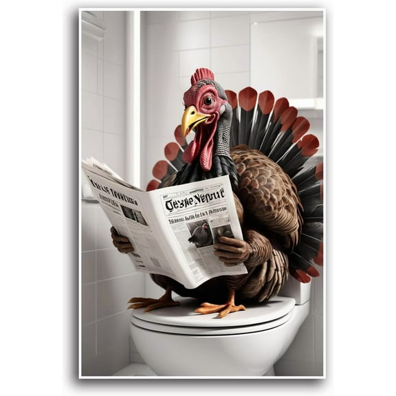 AVOI Turkey sitting on toilet reading newspaper kids pet bathroom prints funny bathroom wall decor animals in toilet creative bathroom decor poster wall art prints bathroom poster Unframe: 12x12in
