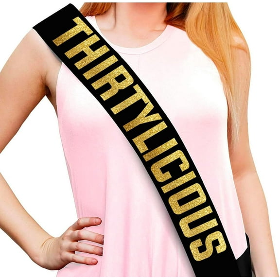 1 pcs Thirtylicious Black and Gold Glitter Satin Sash - Happy 30th Birthday Party Supplies, Ideas and Decorations