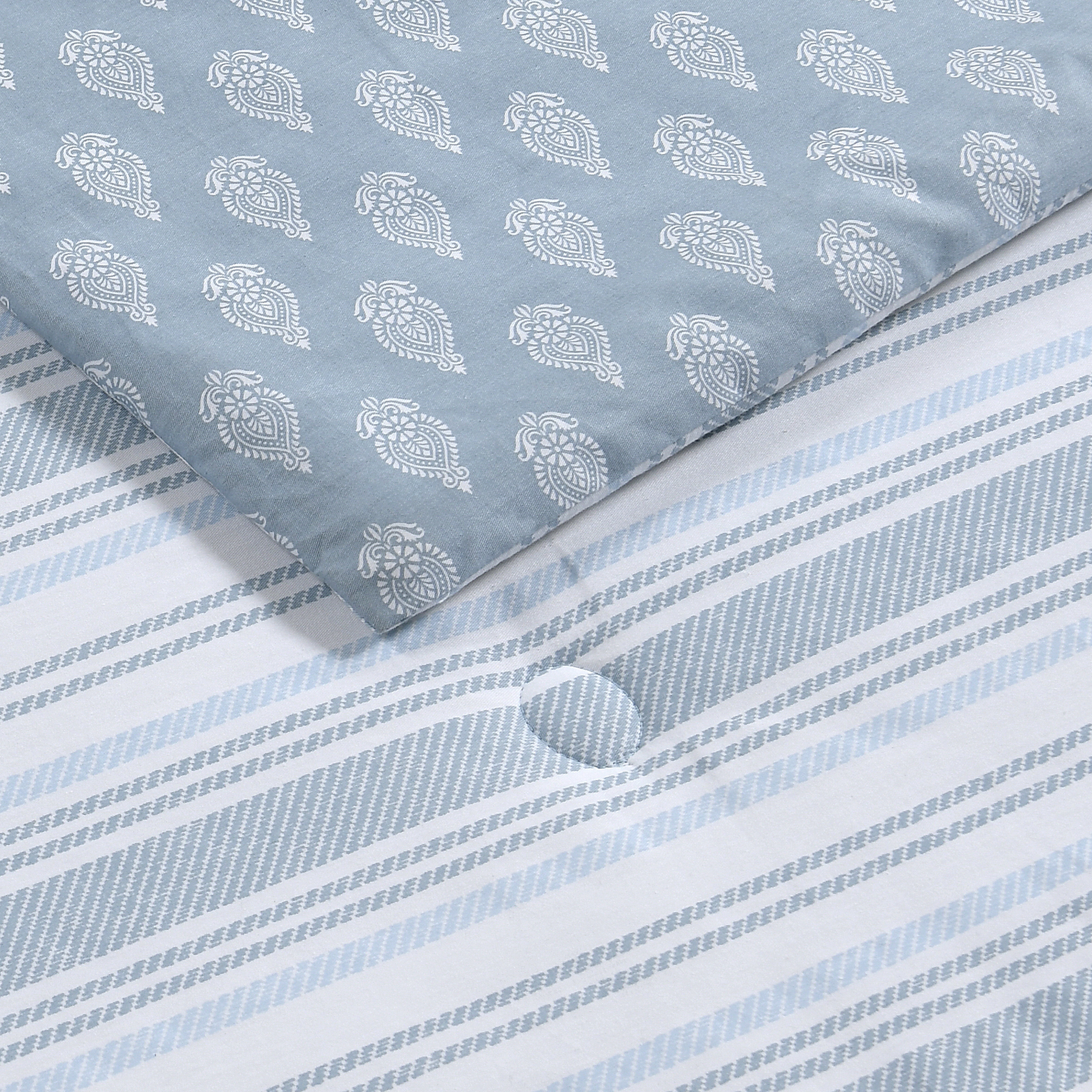 C&C California Printed Stripe Reversible Comforter Set, 100% Cotton, Breathable, All-Season Comfort , 3 piece, King, Blue