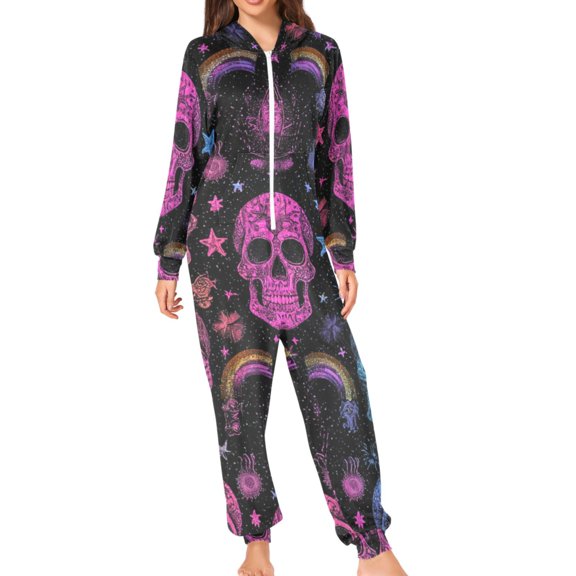Multicolor Skulls with Stars Adult's Hoodie Onesie Jumpsuit One-Piece Pajamas with Zipper Unisex for Holiday S