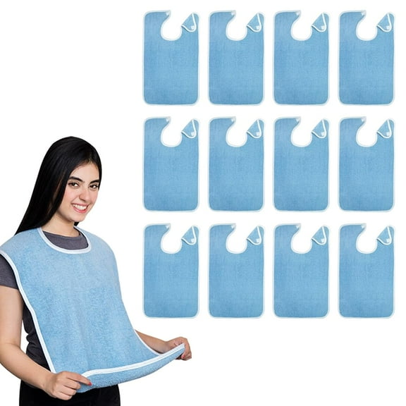 Avalon Towels Terry Cotton Adult Bibs – 18x30 in, 12 Pack, Blue, Washable with Adjustable Neck Strap for Easy Use