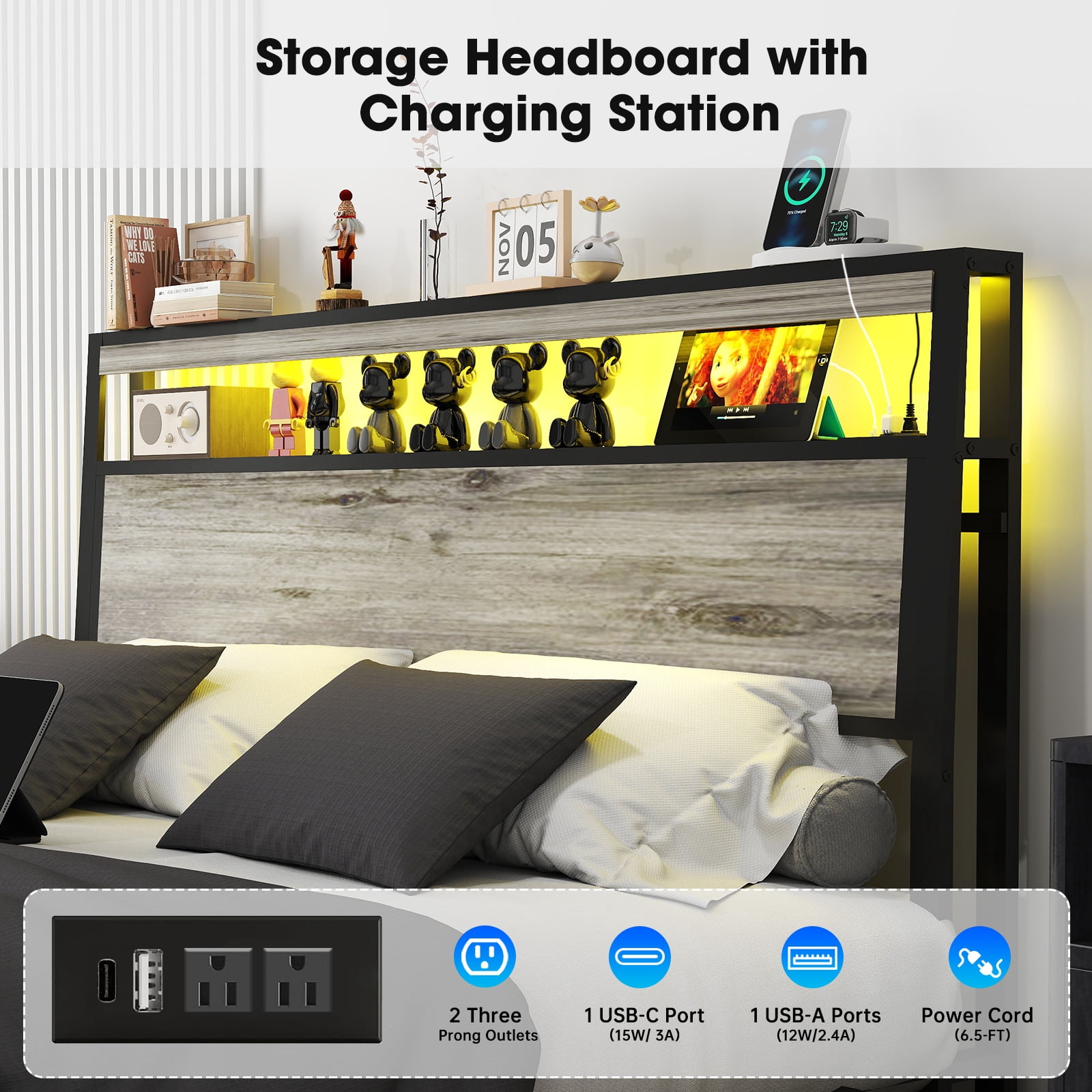DRNANLIT Full Size Bed Frame with Storage Headboard, Metal Platform King Bed Frame Wood with 4 Drawers, LED Light, Charging Station, No Box Spring Needed, Noise Free,Grey