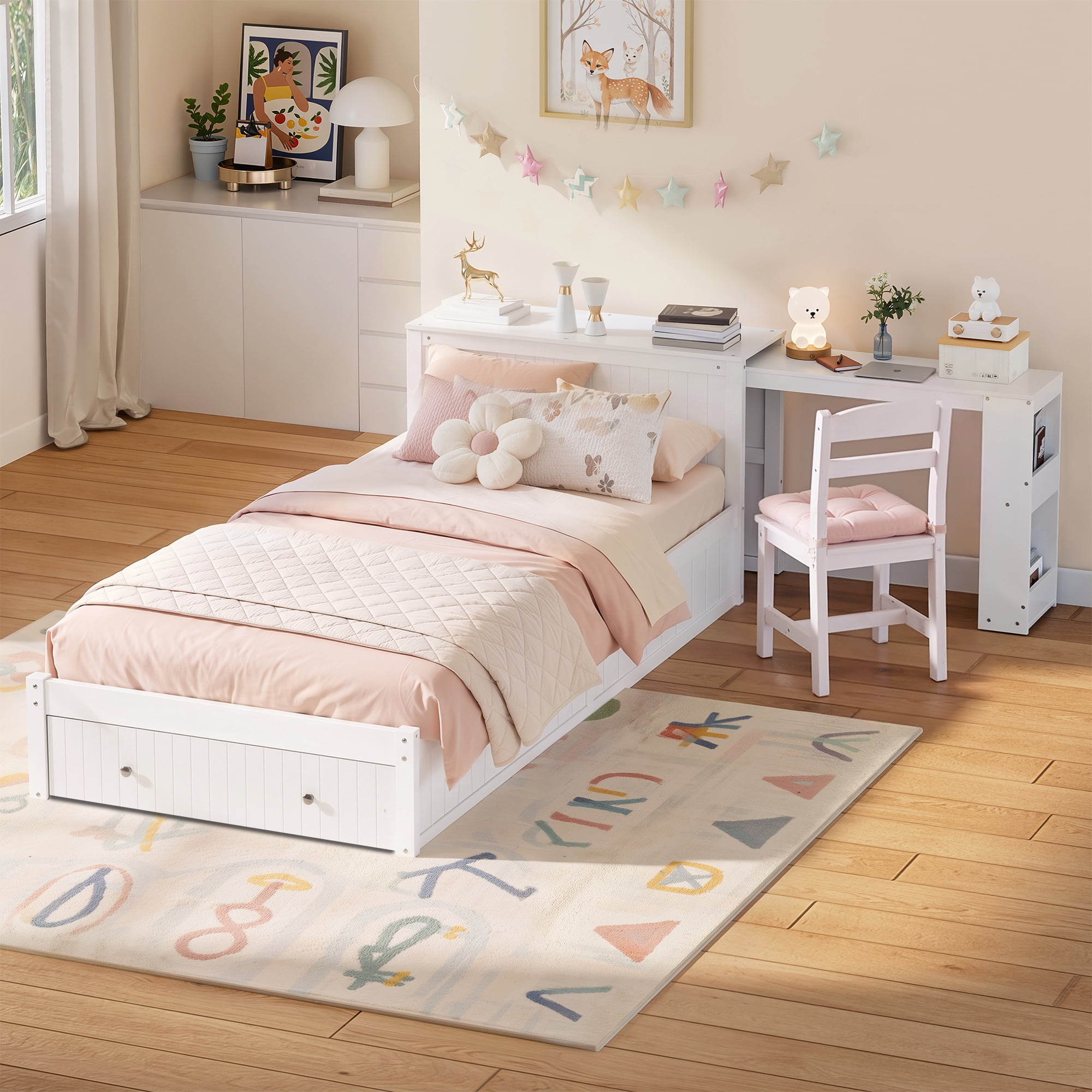Mintazer Twin Size Platform Bed with Desk & Chair, Multifunctional Platform Bed with Storage Drawer & Side Open Shelves for Kids Teen Bedroom Apartment, White