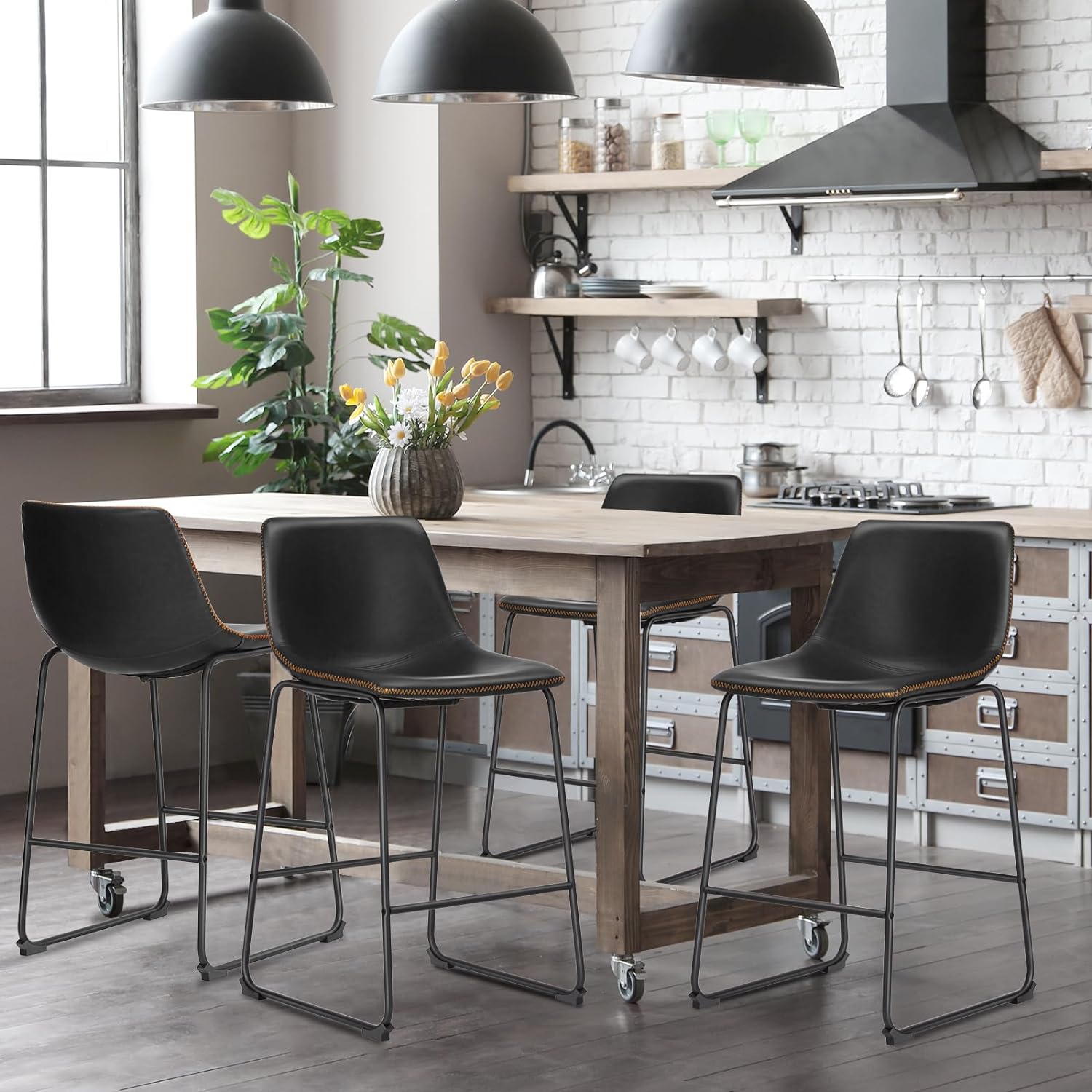 MAYEERTY 26 Inch Barstools High PU Leather Counter Bar Stool With Back and Footrest Set of 2, Black