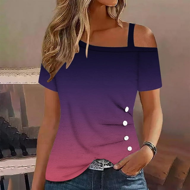 Babysbule Women's Gradient Printed Tops Off-The-Shoulder Halter Short Sleeve Button-Up Womens Tops