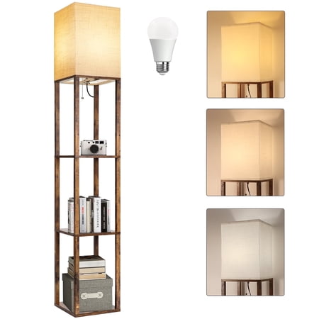 floor lamp with shelves, modern dimmable solid wood standing lamp for living room and bedroom