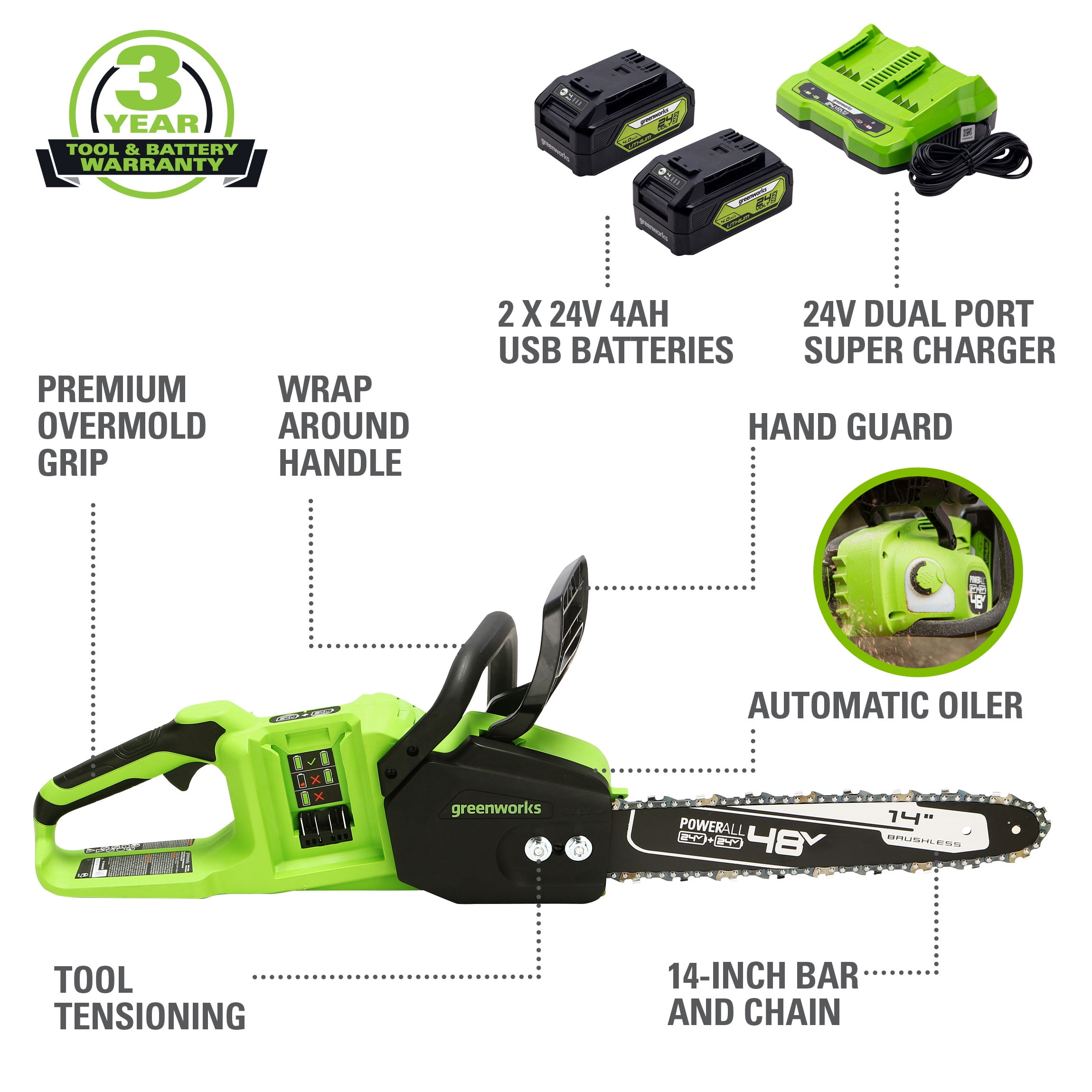 Greenworks 48V 2x24V Cordless 14 inch Brushless Chainsaw with