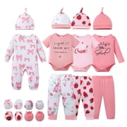 KIMI BEAR Newborn Baby Girls Layette Set 4 Packs 0-3 Months Shower Gifts Essential Clothing Short Sleeves Long Sleeves Romper Top Pants and Bodysuit with Hats and Gloves 15pcs Clothes Pink