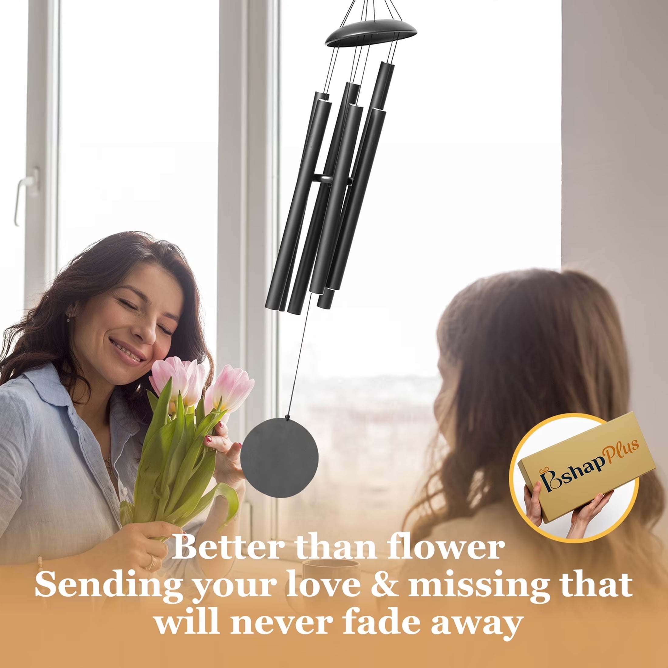 BSHAPPLUS® 45" Memorial Wind Chimes for Outside, Heavy Duty Black Chimes with 6 Large Deep Tone Aluminum Tubes for Loss of Loved One,Home Garden Hanging Decor