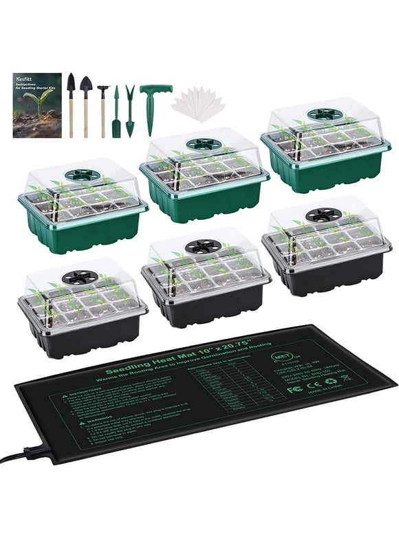 6-Pack Seed Starter Tray with Heat Mat(12 Cells per Tray), Plant Germination Trays with Adjustable Humidity Dome Seed Trays,Seedling Heat Mat