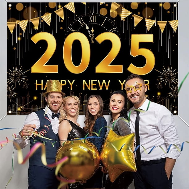 Telón de fondo de Feliz Año Nuevo 2025 Fondo de Año Nuevo Fondo de fotografía de Feliz Año Nuevo en negro y dorado Fondo de Nochevieja