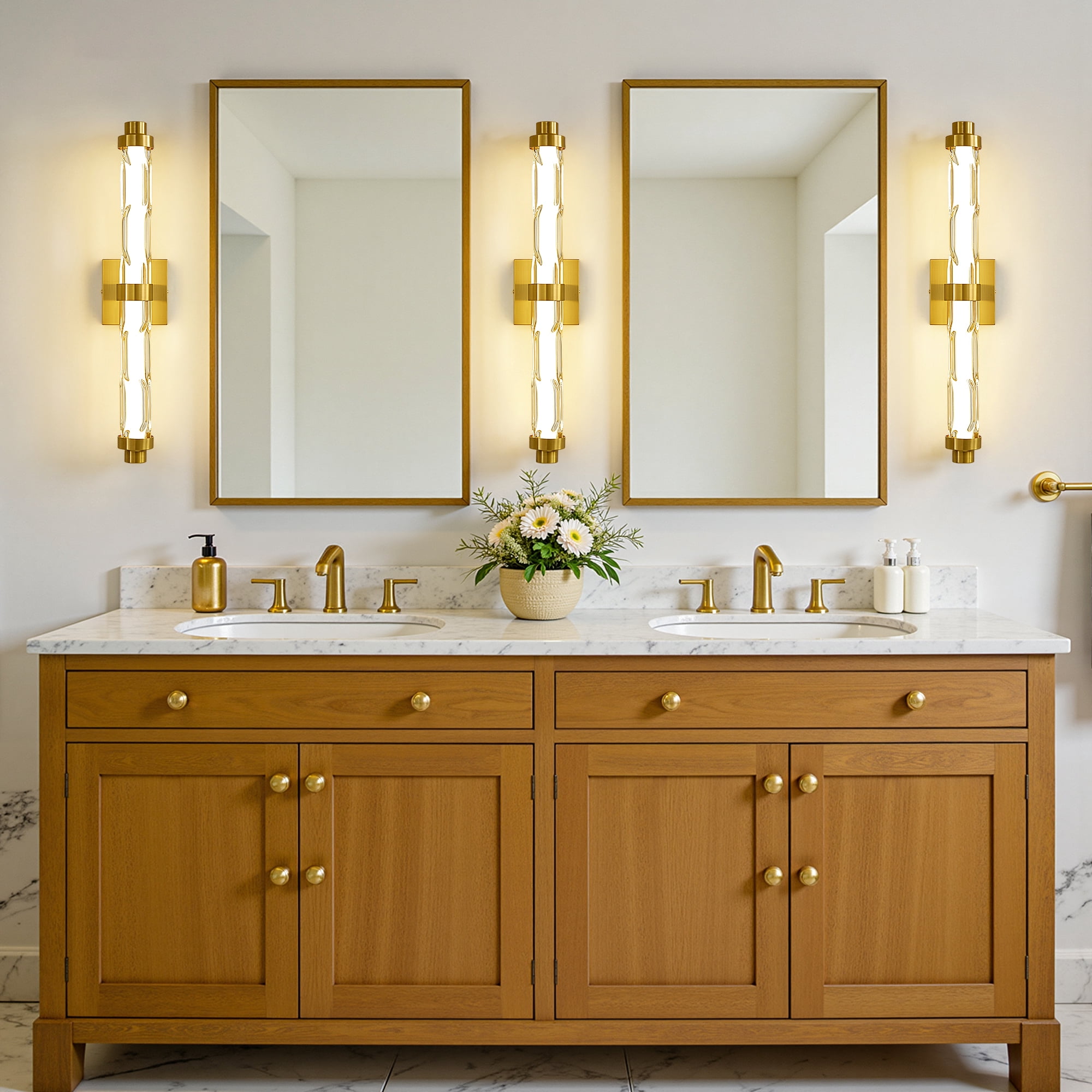 KAISITE 5CCT Modern Dimmable Indoor LED  Glass Wall Sconces, Slide Switch for Warm Light Adjustment, Ideal for Vanity, Hallway and Bedside Areas, Gold