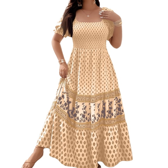 CIENVNSTG Women's 2026 Summer Short Sleeves Boho Floral Print Square Neck Beach Casual Flowy Long Maxi Dress Loose Vacation Sundress Khaki L