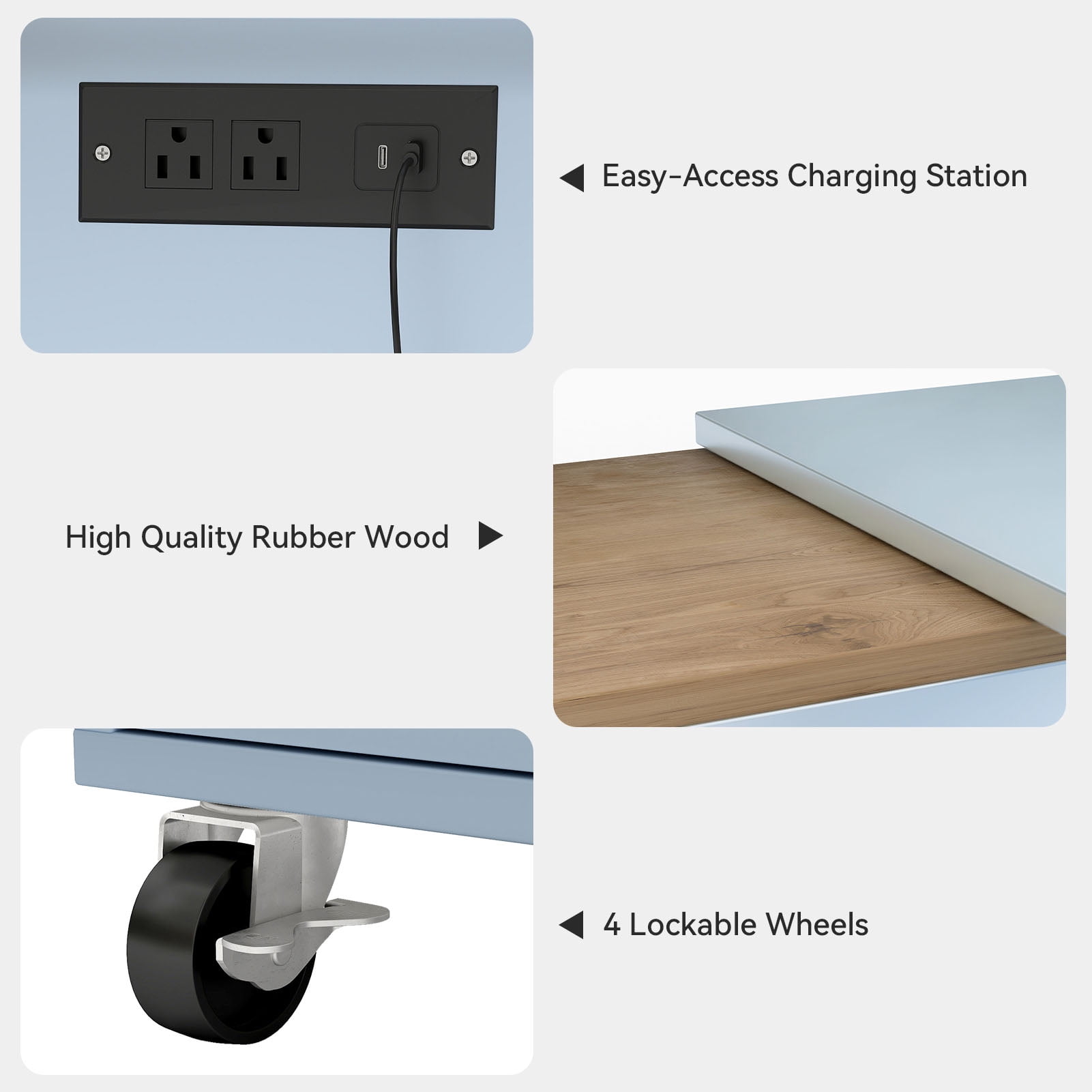 Kitchen Island, 2 Fluted Glass Doors MDF Lockable Wheels LED Light 2 USB Ports Kitchen Storage Cart  For Apartment