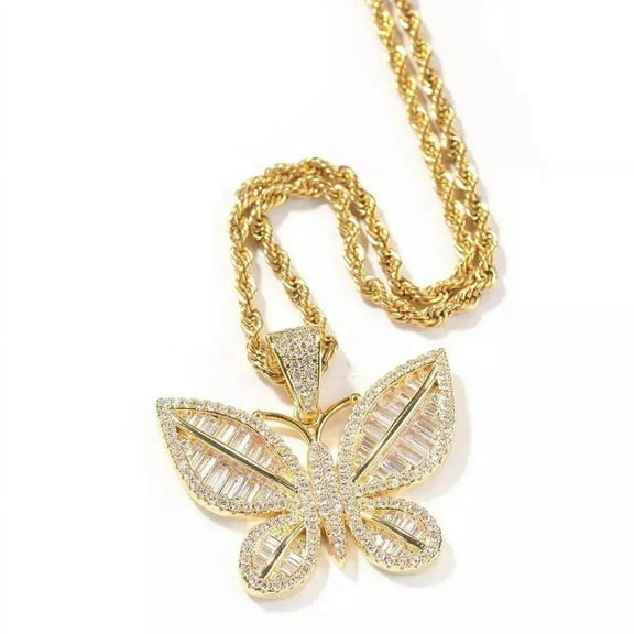 18K Gold Over Finish Simulated Diamond Iced Out Flying Wings Butterfly Custom Charm Pendant Necklace, Birthday Gift, Christmas Gift,