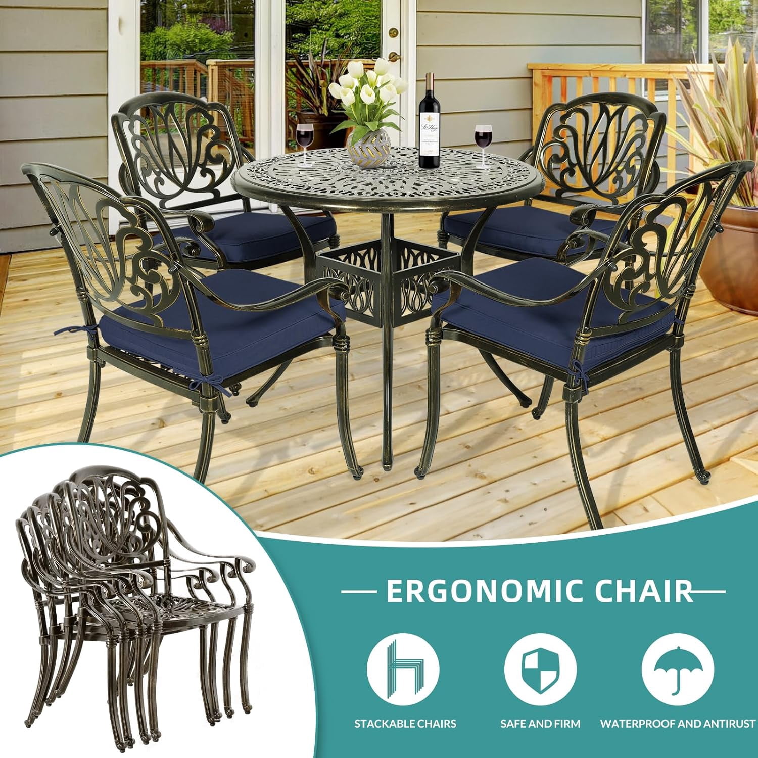 MEETWARM 5 Piece Outdoor Furniture Patio Dining Set, All-Weather Cast Aluminum Patio Table and Chairs Set- 4 Cushioned Chairs, 1 Round Dining Table with Umbrella Hole for Backyard, Navy Blue