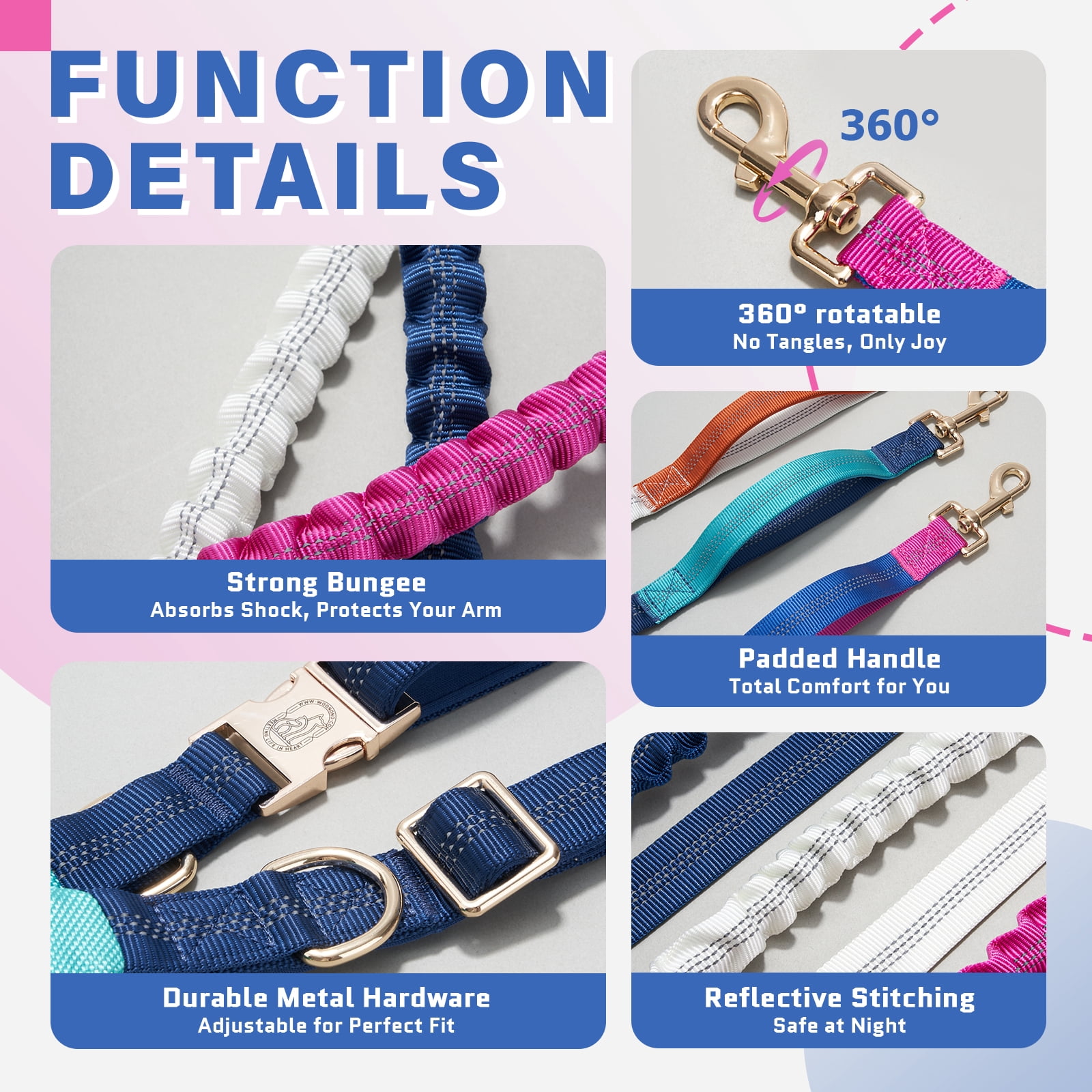 Tirevt Hands-Free Dog Leash: Versatile Color-Block Bungee for Large & Multi-Dog Walking, Modular Tech-Pouch, Sponge-Padded Waist Belt for Running, Hiking & Urban Strolls