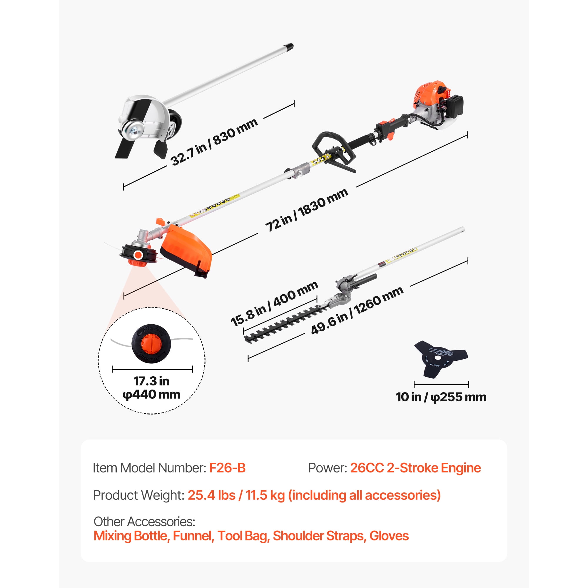 26cc 4-in-1 Gas Powered Multi-Tool with Attachments – Handheld Hedge Trimmer, String Trimmer, Edger & Brush Cutter – Includes Protective Gear Set (Glasses, Gloves, Earmuffs) for Lawn, Yard, Shrubs &