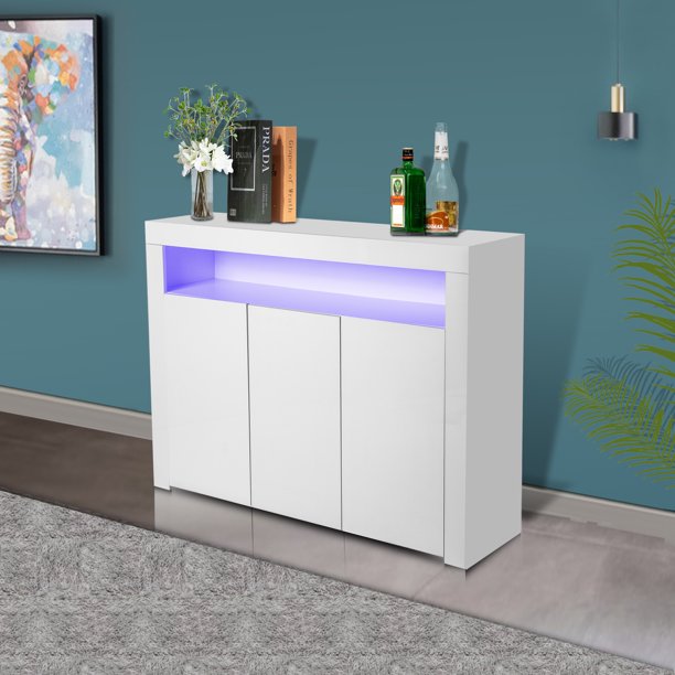 White Buffet High Gloss Kitchen Sideboard Cupboard with LED
