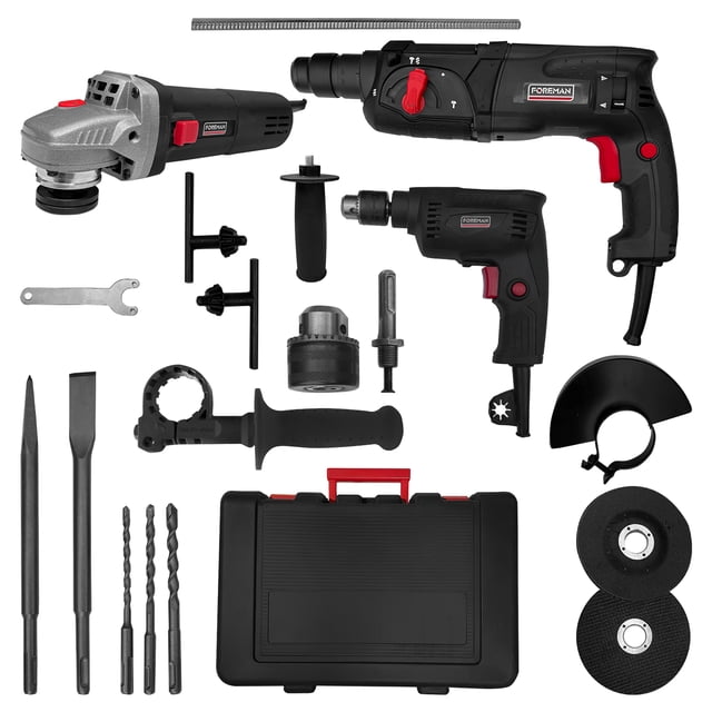 Kit Taladro Rotomartillo Esmeriladora Accesorios Foreman FO2470