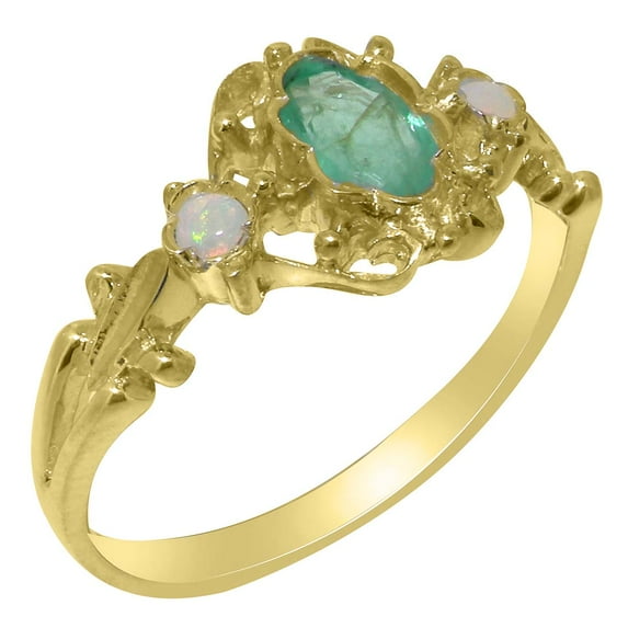 LBG British Made 14k Yellow Gold Natural Emerald & Opal Womens Promise Ring - 33 size options - Size 8.25