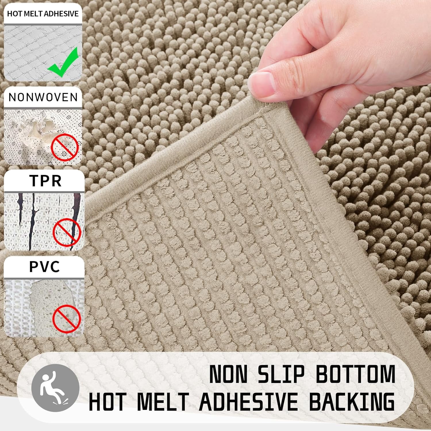 Bathroom Rug Mat, 32'' x 20'', Luxury Chenille Shaggy Bath Rugs, Extra Soft & Thick, Absorbent Water, Non-Slip, Machine Washable, Bath Mats for Bath Floor,Tub and Shower, Camel